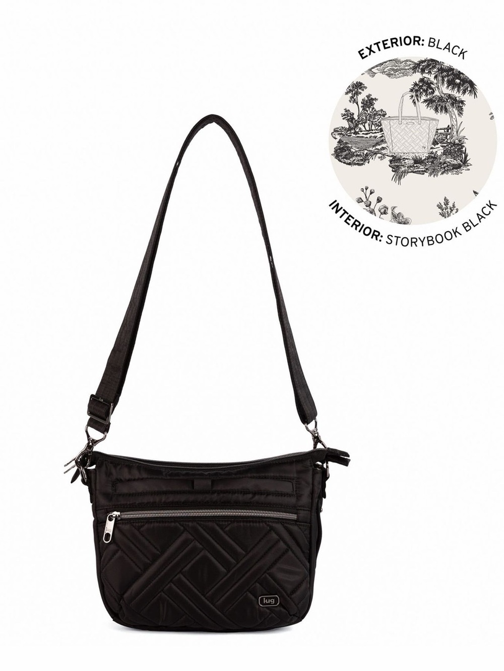Lug Double Dash Convertible Crossbody Bag Black Quilted Storybook Interior